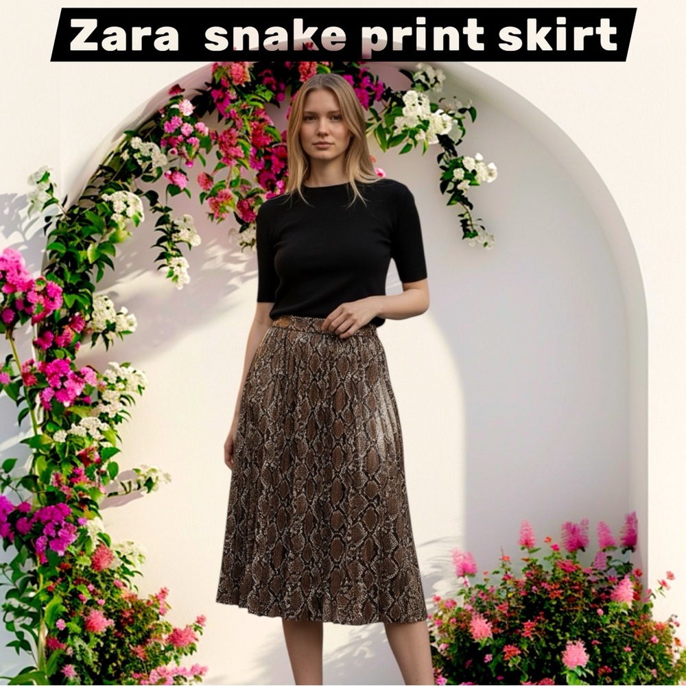 Zara Brown Snake-Print Pleated Midi Skirt - Picture 4 of 17